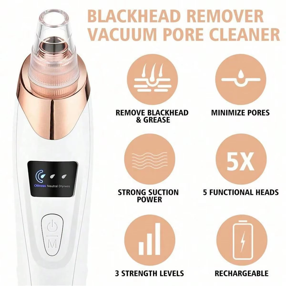 Limpiador Facial de Poros al Vacío Recargable | Removedor de Puntos Negros con 5 Cabezales
